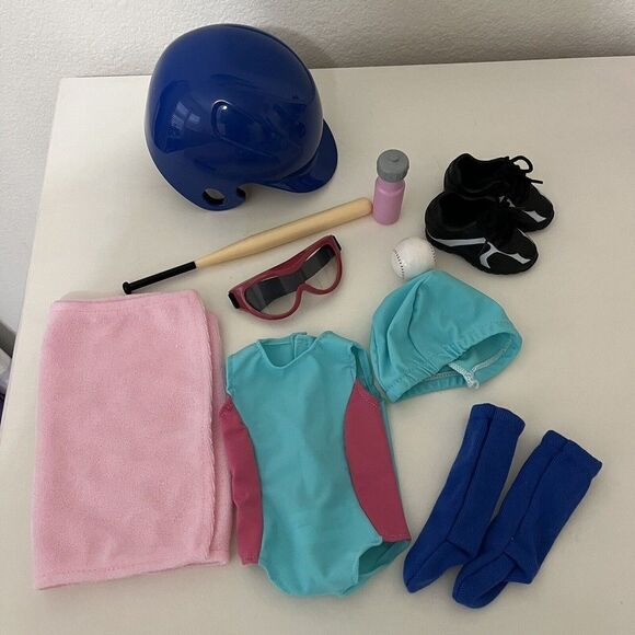 18" Doll Accessories Lot Softball Swimming Helmet Bat Ball Swimsuit Towel Socks - Picture 1 of 11